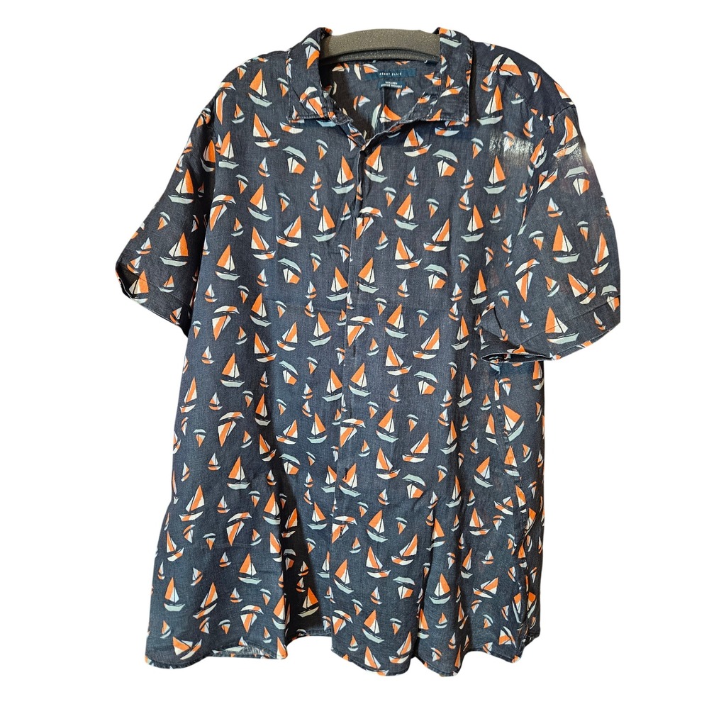 Perry Ellis Mens 3XL Linen Sailboat Print Short Sleeve Button Down Shirt Navy
